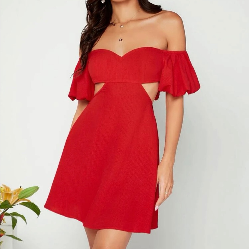 Red cutout, puff sleeve dress